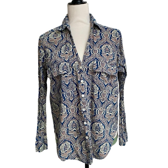 Roller Rabbit Floral Block Print Cotton Button Down Shirt Small Navy Cream - Picture 1 of 13